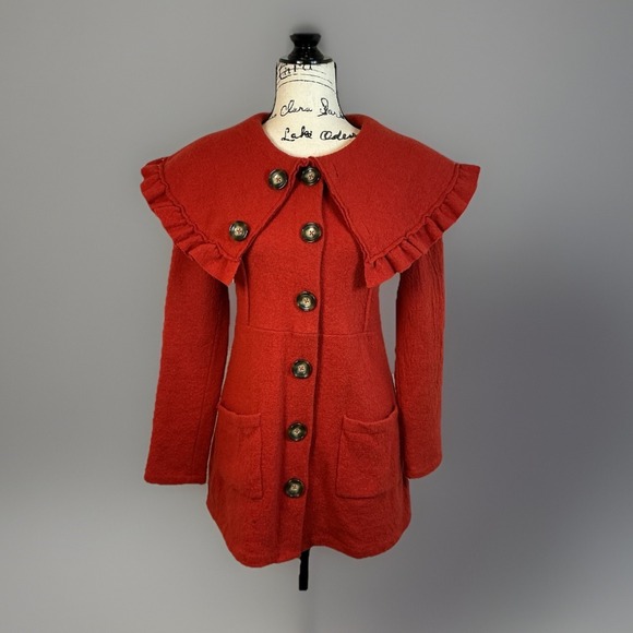 Anthropologie Ruffled Collar Wool Blend Coat Front Pockets Red  Unique Chic sz S - Picture 1 of 10